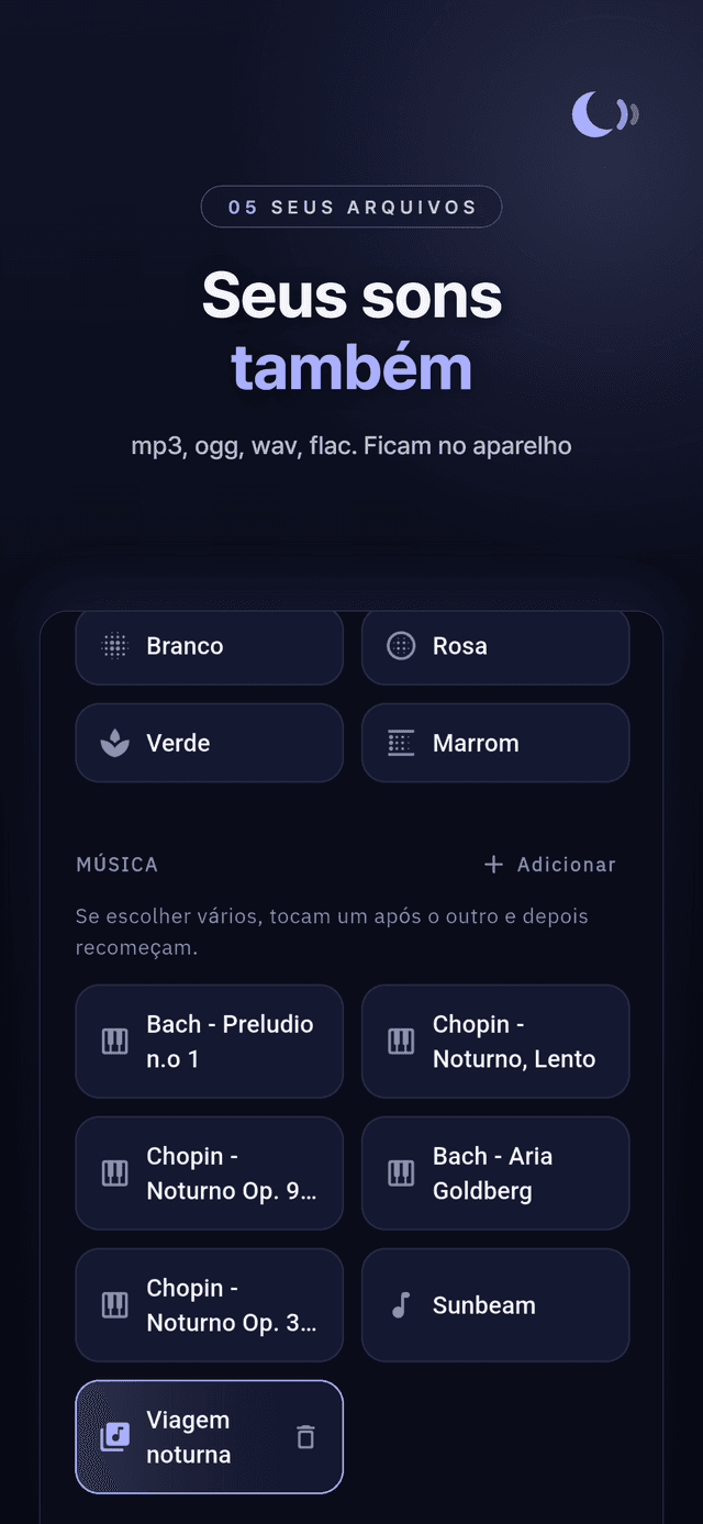 Catálogo de sons com as cores de ruído, piano clássico e um arquivo importado