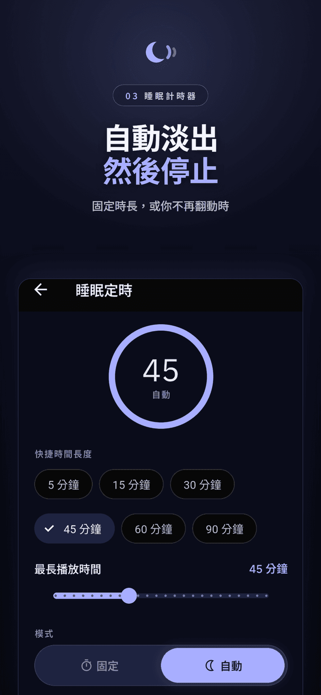 自適應模式下設為 45 分鐘的睡眠計時器