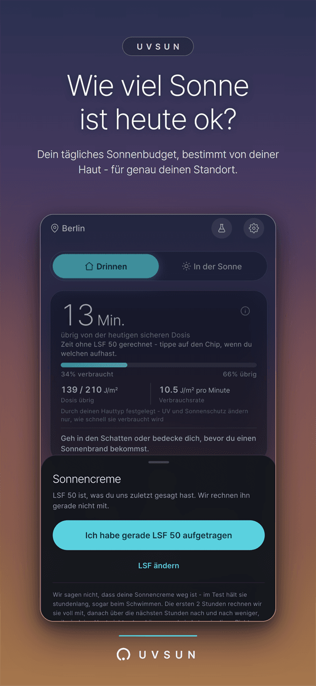 Home-Dashboard am Sonnenaufgangshimmel - verbleibende Minuten der heutigen sicheren Dosis